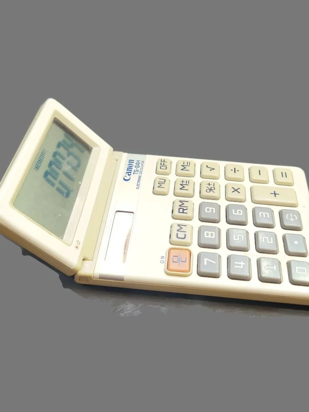 Vintage Canon TS-84H Calculator Tilt Display Solar Powered Beige Tan Gray WORKS